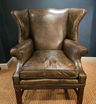 Superb Edwardian Olive Green Leather Wing Back Armchair