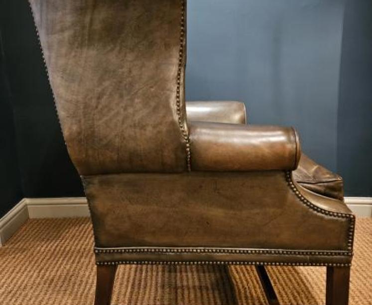 Superb Edwardian Olive Green Leather Wing Back Armchair - Image 2