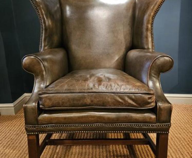 Superb Edwardian Olive Green Leather Wing Back Armchair - Image 3