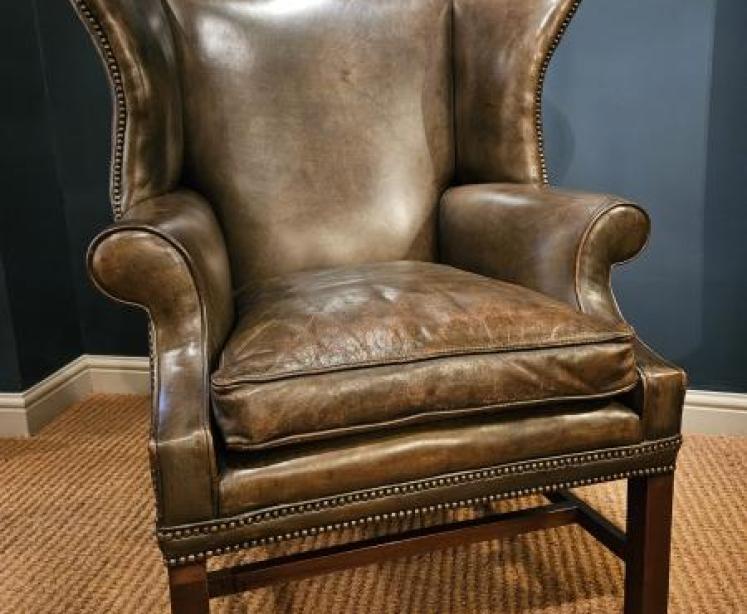 Superb Edwardian Olive Green Leather Wing Back Armchair - Image 4
