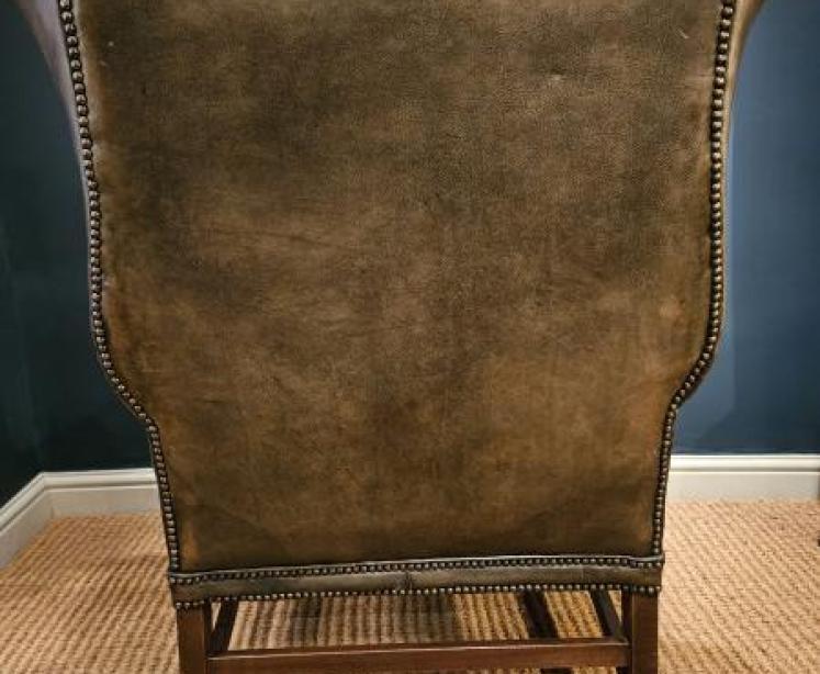 Superb Edwardian Olive Green Leather Wing Back Armchair - Image 5