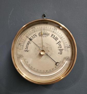 Large Victorian Brass Cased Marine Barometer and Crescent Thermometer