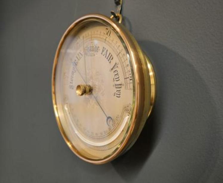 Large Victorian Brass Cased Marine Barometer and Crescent Thermometer - Image 2