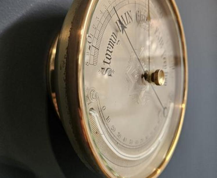 Large Victorian Brass Cased Marine Barometer and Crescent Thermometer - Image 3