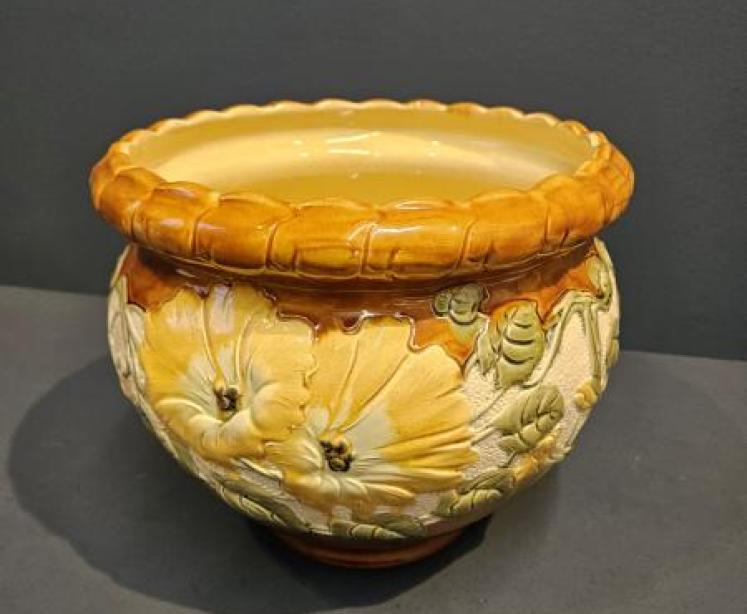 Large Burmantofts Art Pottery Faience Sunflower Jardiniere - Image 1