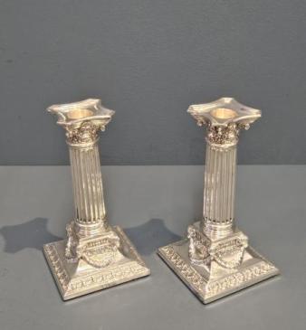 Pair of Edwardian Silver Reeded Column Candlesticks