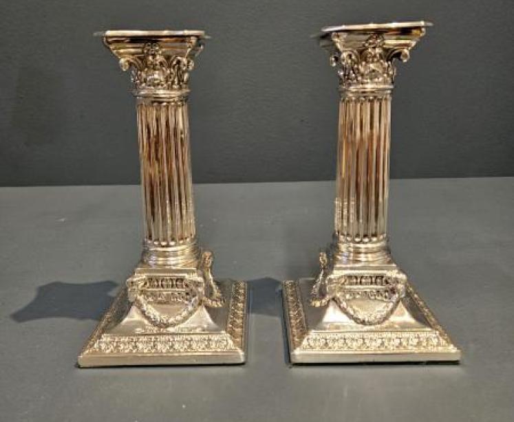 Pair of Edwardian Silver Reeded Column Candlesticks - Image 2
