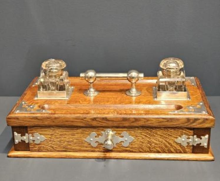 Victorian Oak and Silver Plated Pen & Ink Stand - Image 5