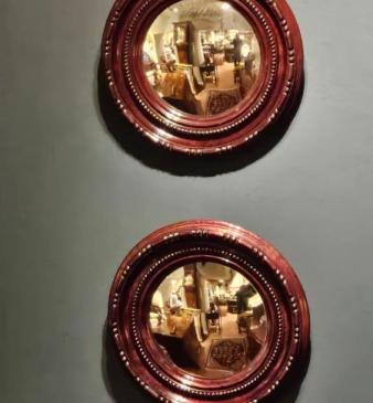 Matching Pair of Mahogany Convex Mirrors