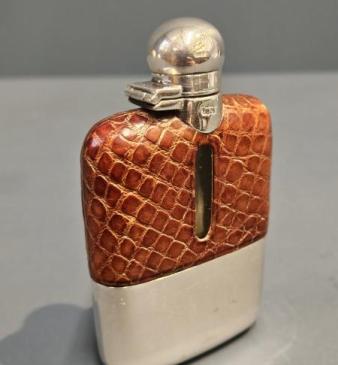 Small Victorian Silver Plated and Crocodile Skin Hip Flask