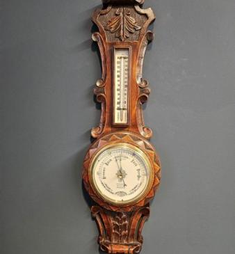 Small Victorian Carved Oak Banjo Barometer