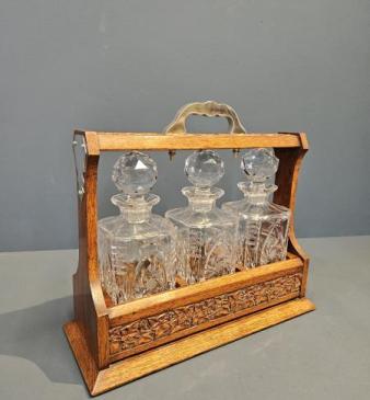 Victorian Carved Oak Three Bottle Tantalus 