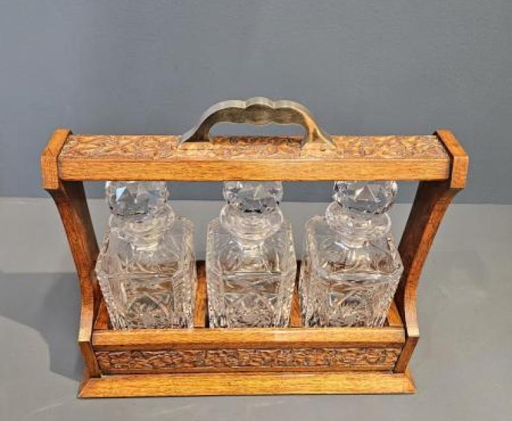 Victorian Carved Oak Three Bottle Tantalus  - Image 2