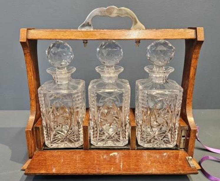 Victorian Carved Oak Three Bottle Tantalus  - Image 3