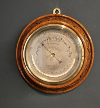Victorian Silvered Dial Barometer with Crescent Thermometer