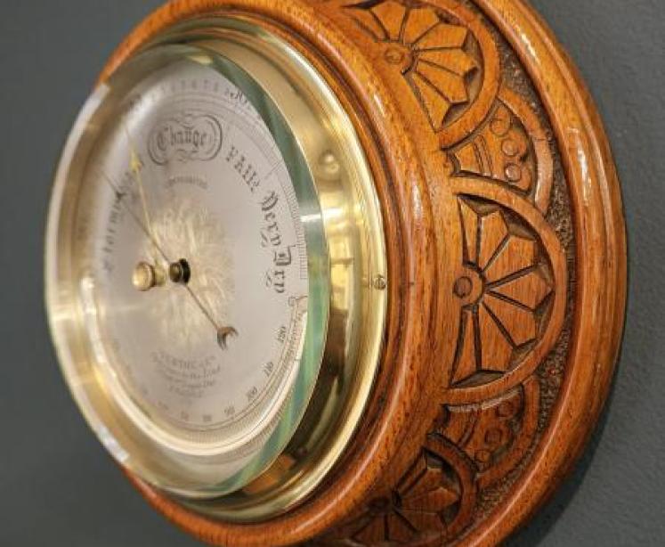 Victorian Silvered Dial Barometer with Crescent Thermometer - Image 4
