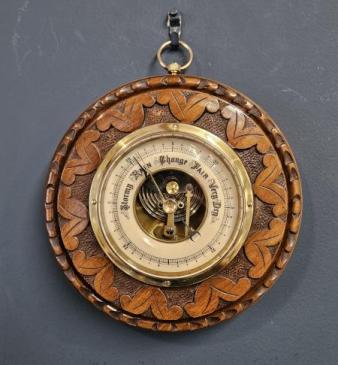 Small Carved Walnut Aneroid Barometer