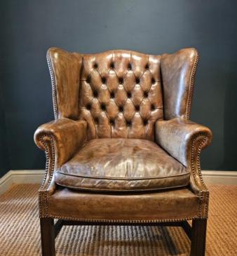 1920's Button Back Leather Wing Arm Chair