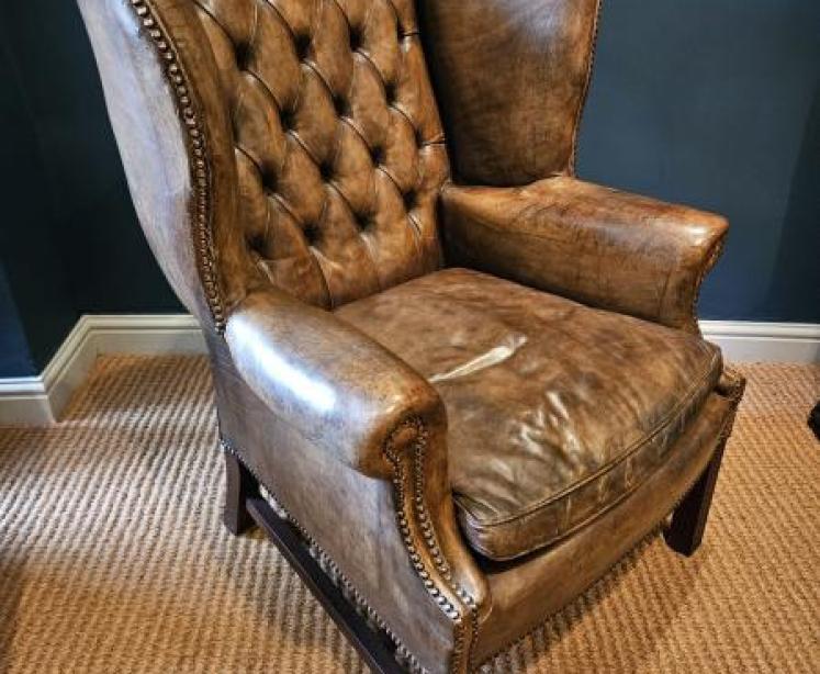 1920's Button Back Leather Wing Arm Chair - Image 7