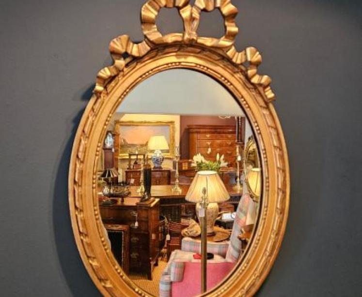Pair of Victorian Small Oval Ribbon Pediment Gilt Mirrors - Image 2