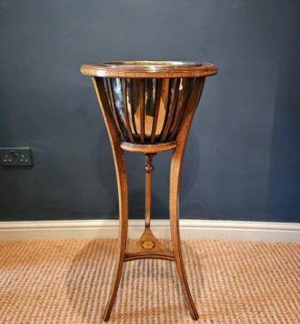 Edwardian Inlaid Mahogany Plant Stand & Brass Liner