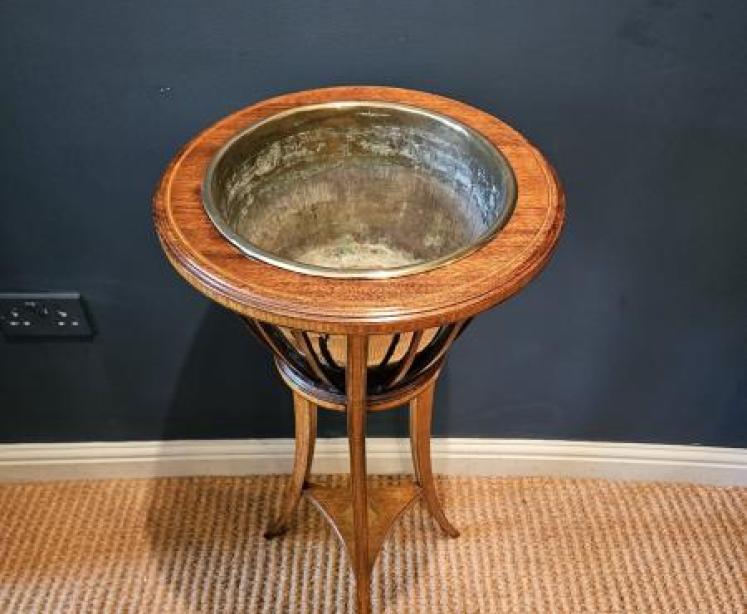 Edwardian Inlaid Mahogany Plant Stand & Brass Liner - Image 7