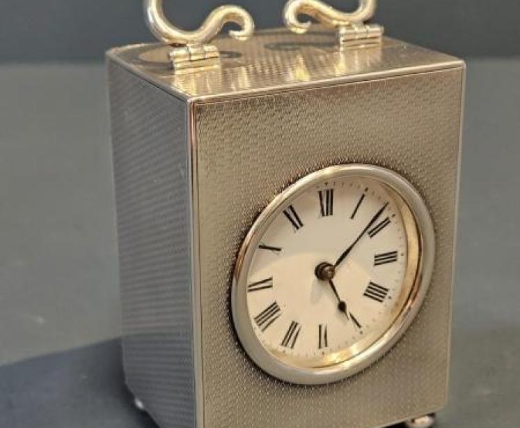 George V Engine Turned Silver Carriage Clock - Image 1