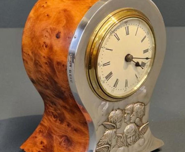 Edwardian Silver and Burr Yew Mantel Clock - Image 2