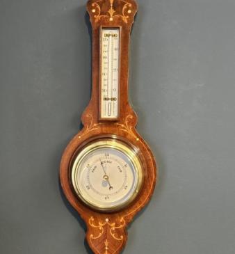 Small Edwardian Inlaid Mahogany Banjo Barometer
