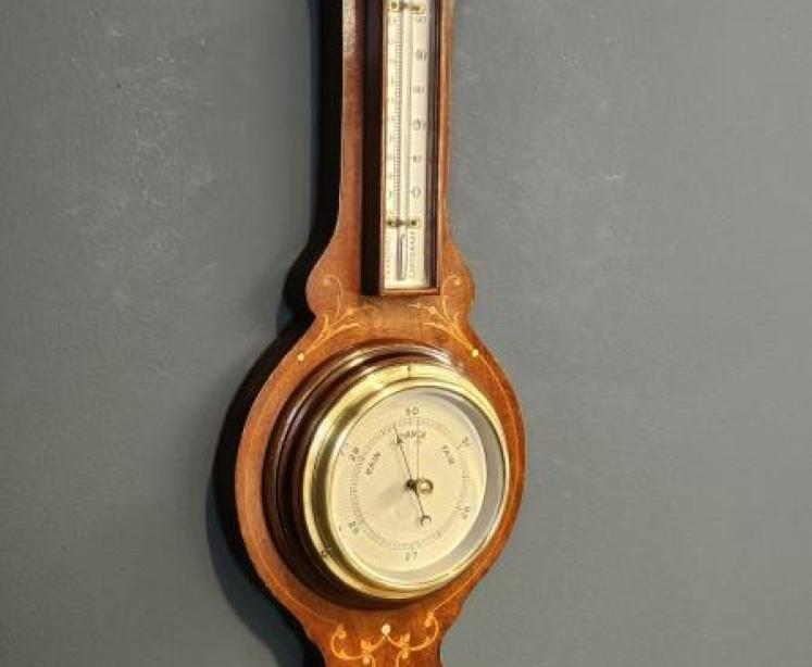 Small Edwardian Inlaid Mahogany Banjo Barometer - Image 5