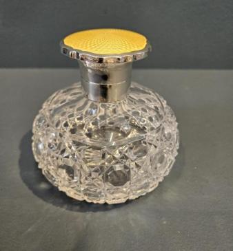 Silver and Yellow Engine Turned Enamel Topped Crystal Scent Bottle