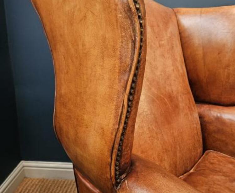 1920's Tan Leather Wing Back Arm Chair  - Image 6