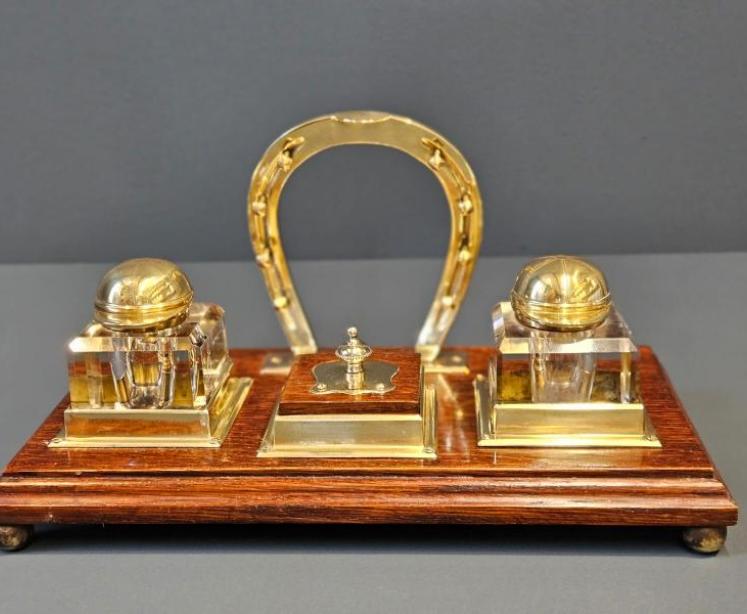 Victorian Oak and Brass Horse Racing Desk Stand - Image 1