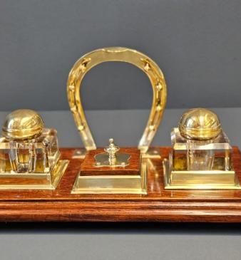Victorian Oak and Brass Horse Racing Desk Stand