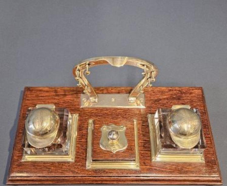 Victorian Oak and Brass Horse Racing Desk Stand - Image 7