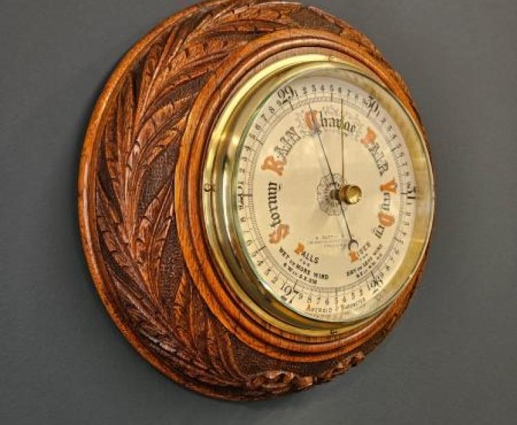 Victorian Carved Leaf and Bow Carved Oak Barometer - Image 2