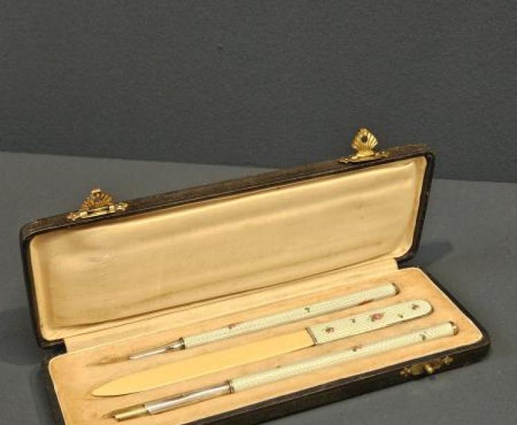 Silver and Enamel Pen, Letter Opener and Pencil Set - Image 1