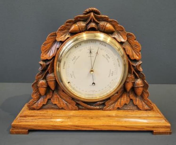 Victorian Carved Oak Table Top Barometer with Crescent Thermometer - Image 1