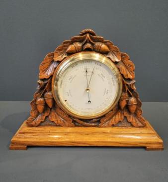 Victorian Carved Oak Table Top Barometer with Crescent Thermometer