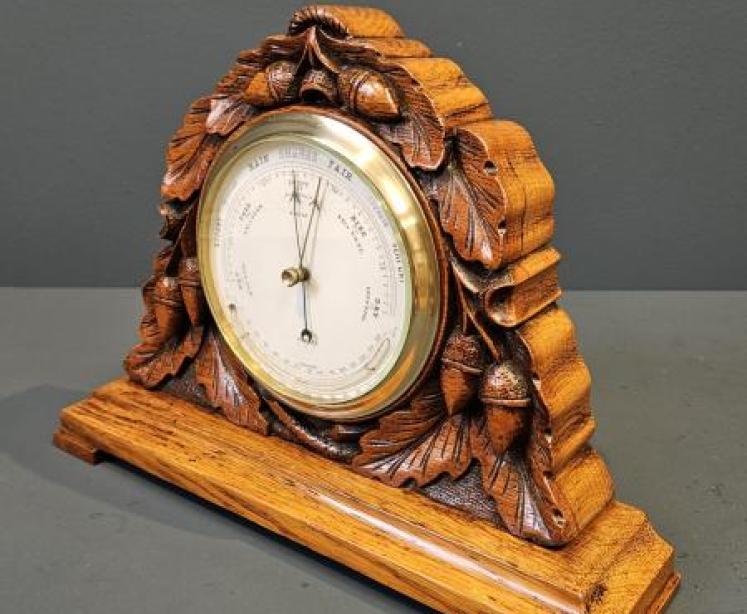 Victorian Carved Oak Table Top Barometer with Crescent Thermometer - Image 3