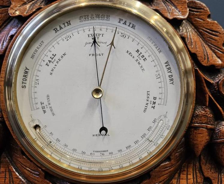 Victorian Carved Oak Table Top Barometer with Crescent Thermometer - Image 4