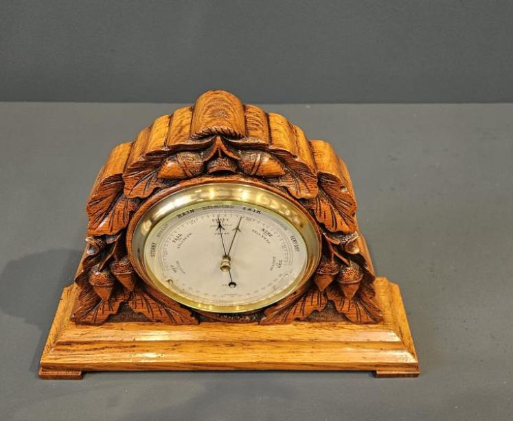 Victorian Carved Oak Table Top Barometer with Crescent Thermometer - Image 5