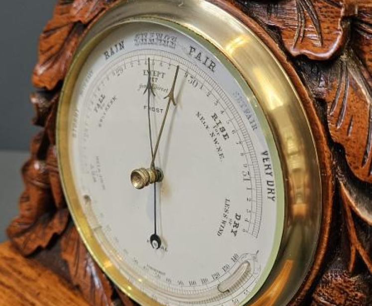 Victorian Carved Oak Table Top Barometer with Crescent Thermometer - Image 6