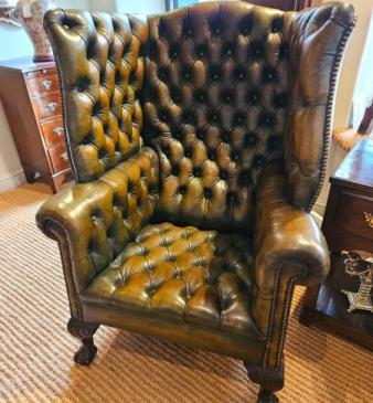 Superb Dark Olive Leather Wing Back Arm Chair 