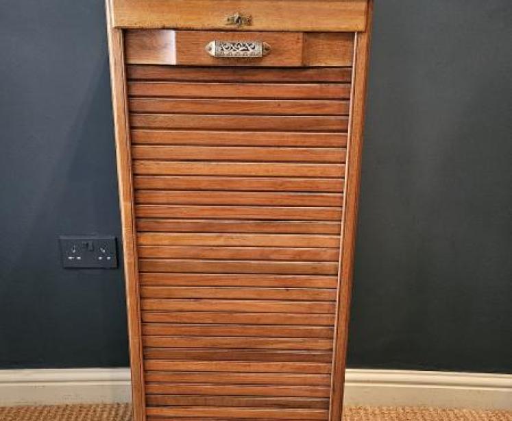 Edwardian Solid Walnut Tambour Front Filing Cabinet  - Image 2