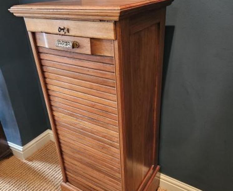Edwardian Solid Walnut Tambour Front Filing Cabinet  - Image 7