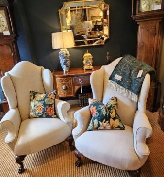 Pair of Victorian Linen Covered Wing Arm Chairs 
