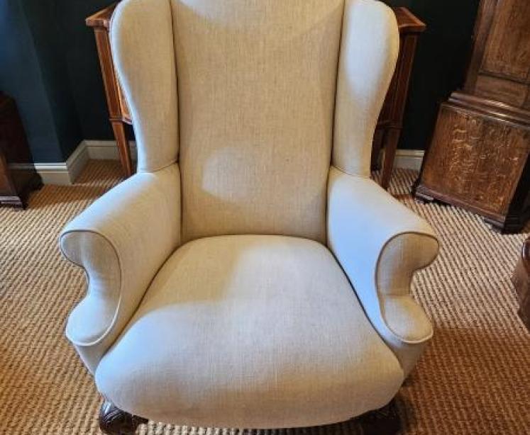 Pair of Victorian Linen Covered Wing Arm Chairs  - Image 2