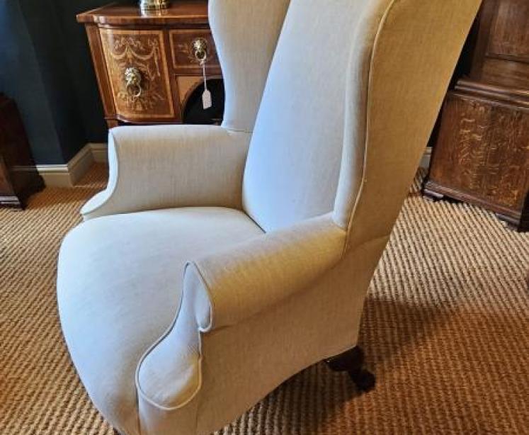 Pair of Victorian Linen Covered Wing Arm Chairs  - Image 4