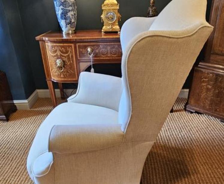 Pair of Victorian Linen Covered Wing Arm Chairs  - Image 6